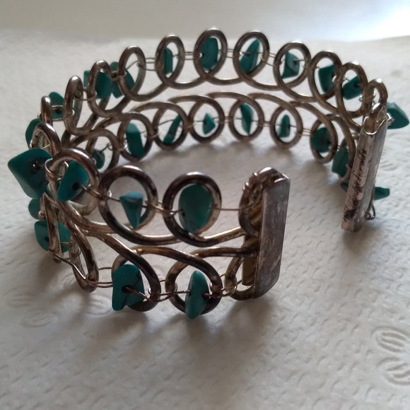 Vintage Silver wire looped turquoise sterling silver 925 bangle bracelet - Picture 1 of 8